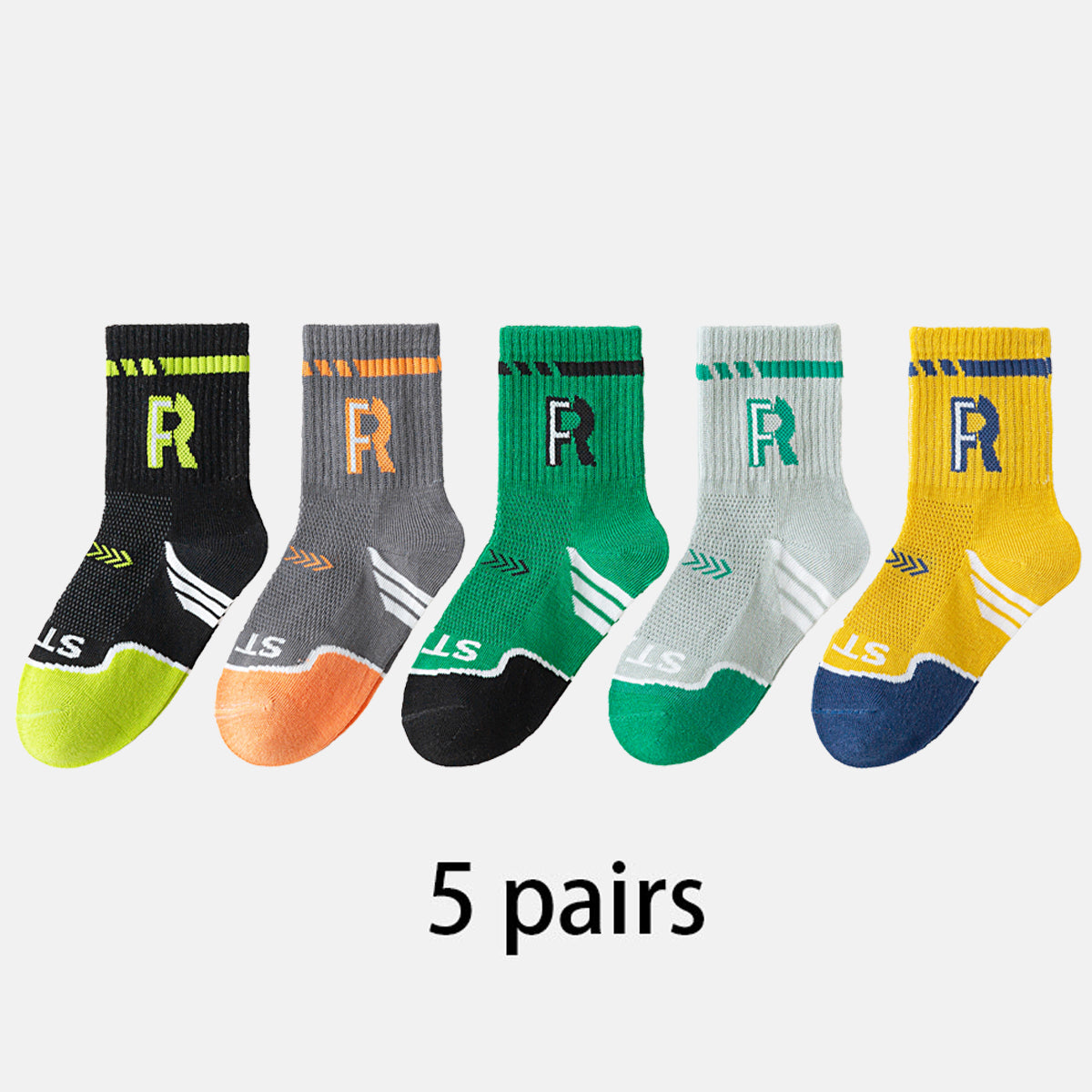 (TLS-8802) 5 Pairs of Kids’ Sport Mesh Socks – Colorful Athletic Crew Socks