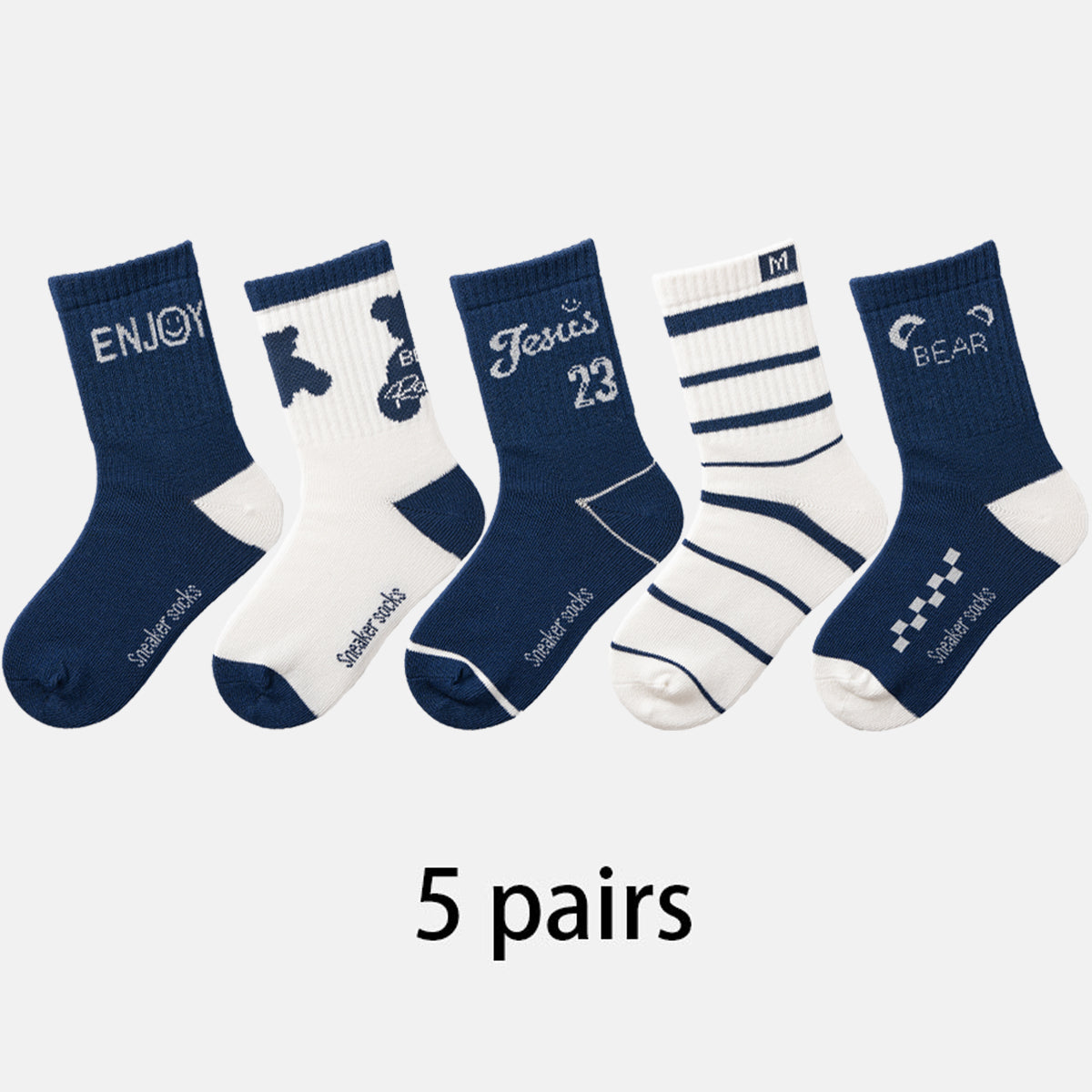 (JK-2) 5 Pairs Cotton Crew Socks – Navy & White Graphic Mix