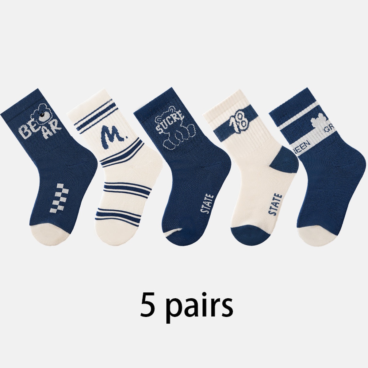 (JK-5) 5 Pairs Navy & White Cotton Crew Socks – Sporty Graphic Collection