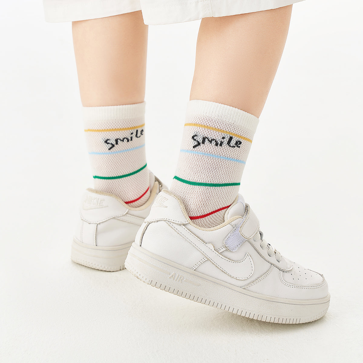 (ZJD-2504) 5 Pairs of Kids' Mesh Socks – Smile & Stripe Cartoon Design