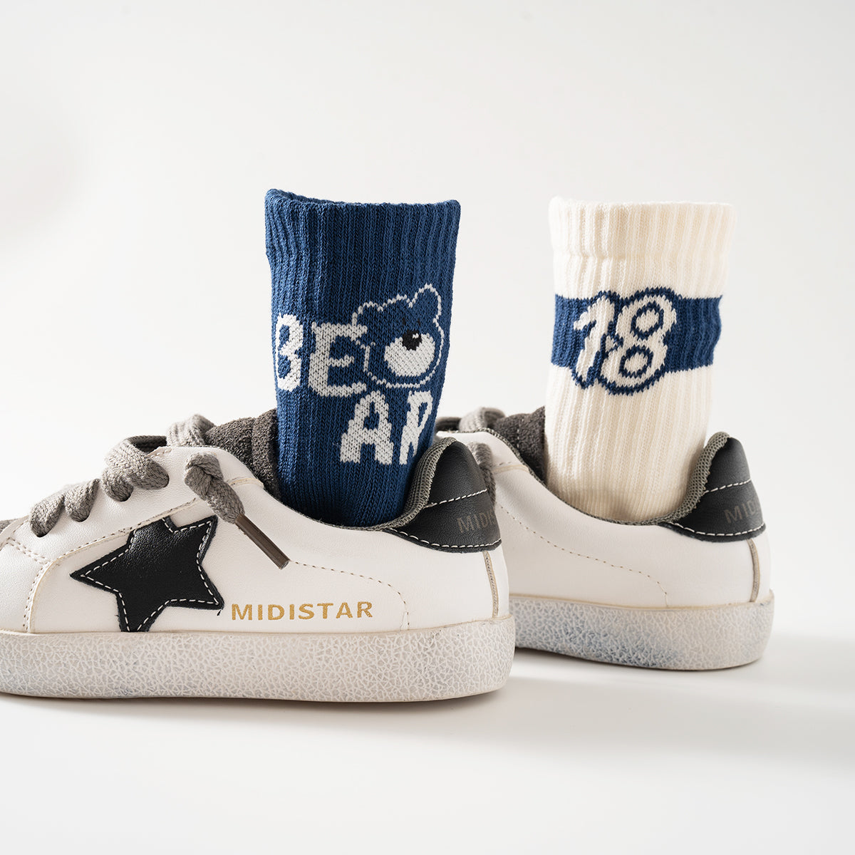 (JK-5) 5 Pairs Navy & White Cotton Crew Socks – Sporty Graphic Collection
