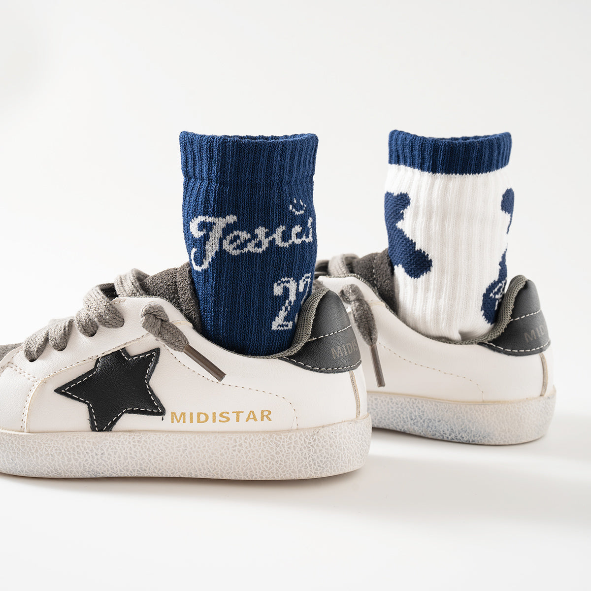 (JK-2) 5 Pairs Cotton Crew Socks – Navy & White Graphic Mix