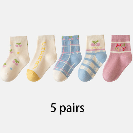 (QM-3) 5 Pairs Soft Cotton Socks – Cherry & Checkered Patterns