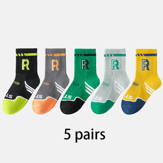 (TLS-8802) 5 Pairs of Kids’ Sport Mesh Socks – Colorful Athletic Crew Socks