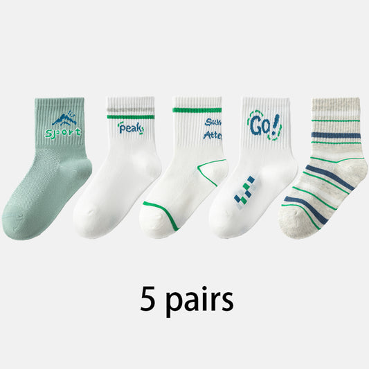 (DJT-8602) 5 Pairs of Boys’ Active Mesh Socks – Breathable Cotton Crew with Sport Designs