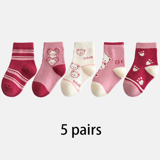 (QM-5) 5 Pairs Cotton Socks – Pink Bear Theme & Striped Patterns