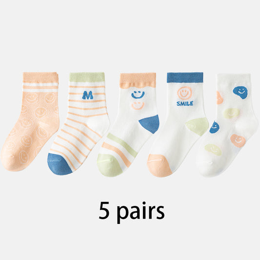 (ZJD-2505) 5 Pairs of Kids' Pastel Smile Mesh Socks – Lightweight & Breathable Cotton