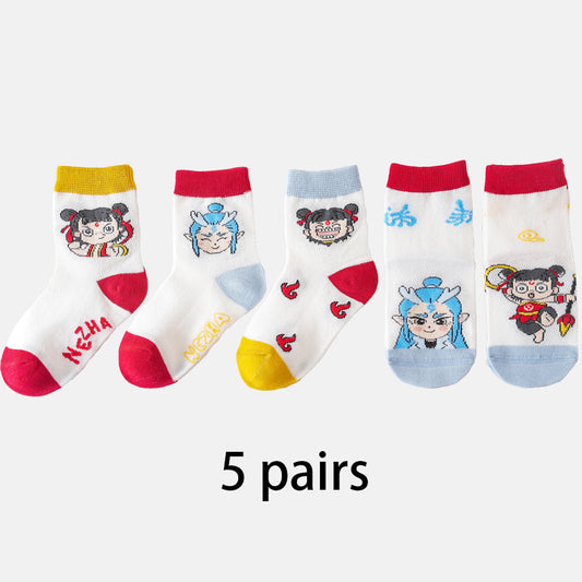 (ZJD-2509) Nezha & Ao Bing Mesh Socks for Kids – 5-Pair Character Set