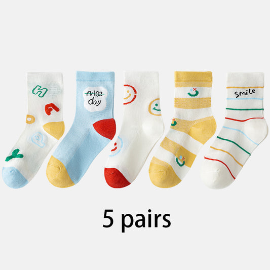 (ZJD-2504) 5 Pairs of Kids' Mesh Socks – Smile & Stripe Cartoon Design