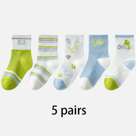 (ZJD-2507) 5 Pairs of Kids Mesh Socks – Dinosaur & Cool Tones