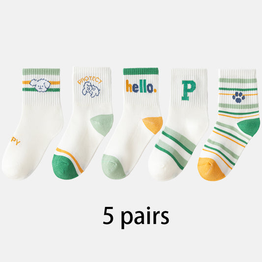 (ZJD-2501) 5 Pairs of Kids' Cute Mesh Socks – Animal & Letter Designs in Soft Cotton