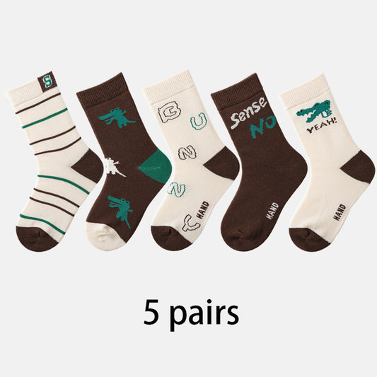 (JK-3) 5 Pairs Cotton Crew Socks – Brown & Green Street Graphic Pack