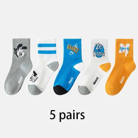 (DJT-8801) 5 Pairs of Kids' Cartoon Mesh Socks – Fun & Colorful Cotton Crew Socks
