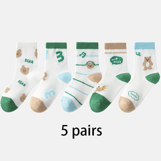 (ZJD-2506) 5 Pairs of Kids' Mesh Socks – Bear & Music Cartoon Pack