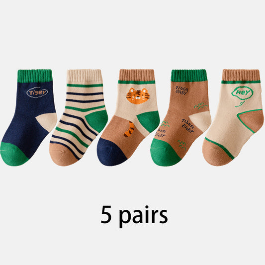(QM-4) 5 Pairs Cotton Socks – Tiger Themed & Colorblock Designs