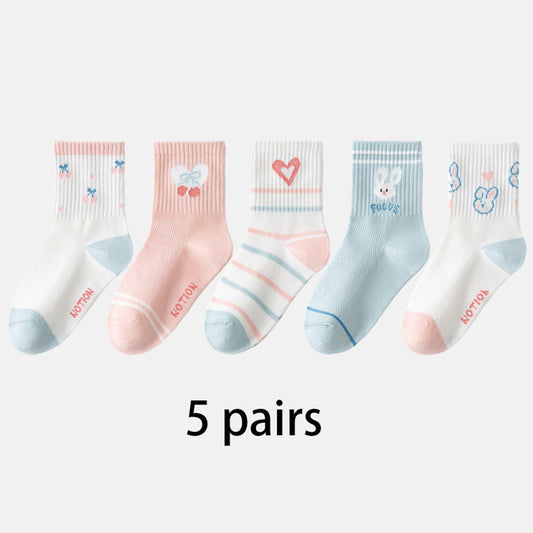 (ZJD-2502) 5 Pairs of Girls’ Cute Mesh Socks – Cherry, Bunny & Heart Designs in Pastel Colors