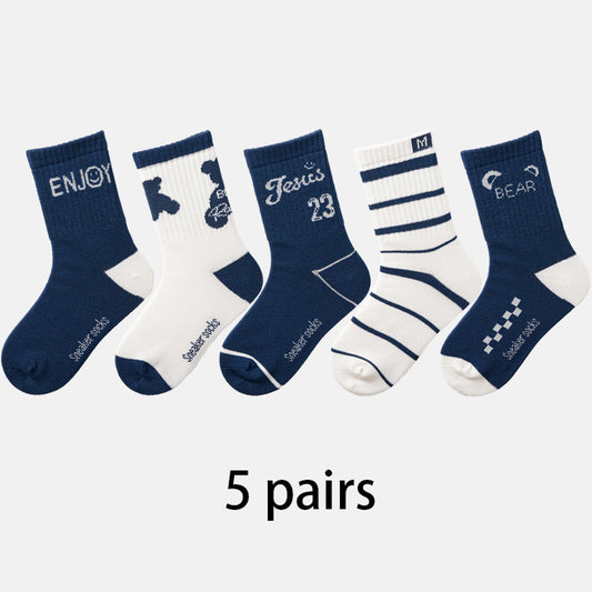 (JK-2) 5 Pairs Cotton Crew Socks – Navy & White Graphic Mix