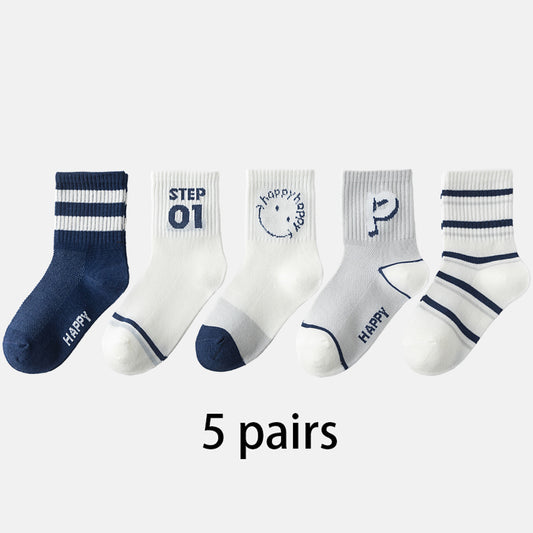 (DJT-8601)5 Pairs of Boys’ Sporty Mesh Socks – Breathable Cotton Crew for Kids
