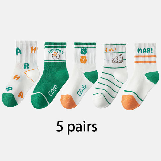 (ZJD-2503) 5 Pairs of Kids’ Breathable Mesh Socks – Fun Cartoon Bear & Letter Design
