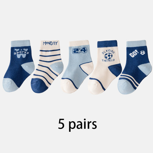 (QM-6) 5 Pairs Cotton Socks – Blue Sports Theme & Stripes