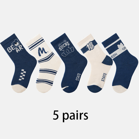 (JK-5) 5 Pairs Navy & White Cotton Crew Socks – Sporty Graphic Collection