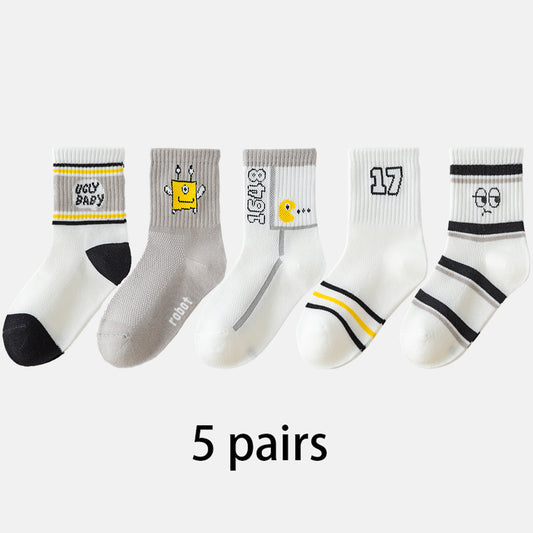 (DJT-8603) 5 Pairs of Boys’ Cool Mesh Socks – Robot & Graphic Designs, Breathable Cotton