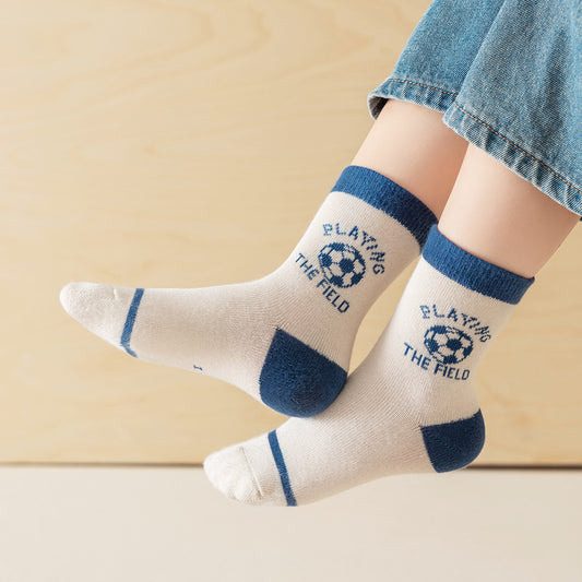 (QM-6) 5 Pairs Cotton Socks – Blue Sports Theme & Stripes