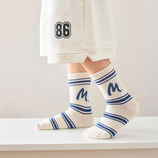 (JK-5) 5 Pairs Navy & White Cotton Crew Socks – Sporty Graphic Collection