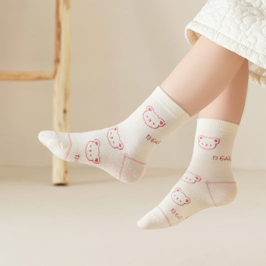 (QM-5) 5 Pairs Cotton Socks – Pink Bear Theme & Striped Patterns