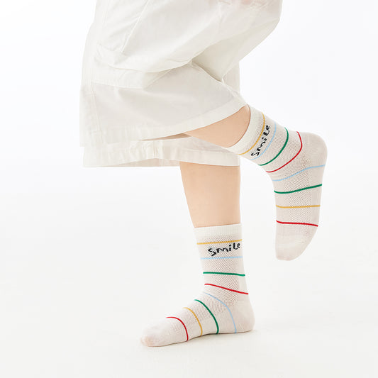 (ZJD-2504) 5 Pairs of Kids' Mesh Socks – Smile & Stripe Cartoon Design