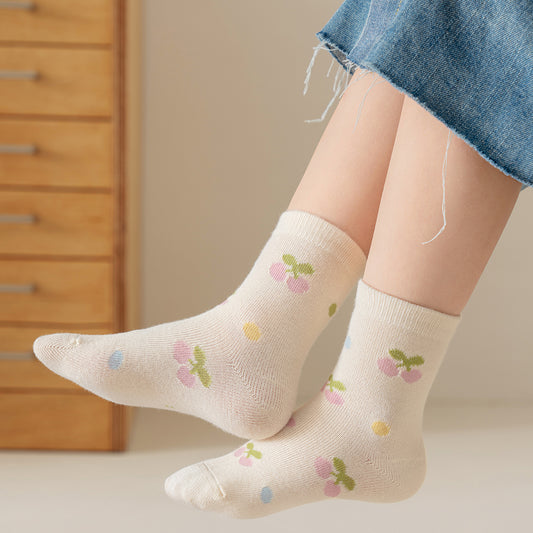 (QM-3) 5 Pairs Soft Cotton Socks – Cherry & Checkered Patterns