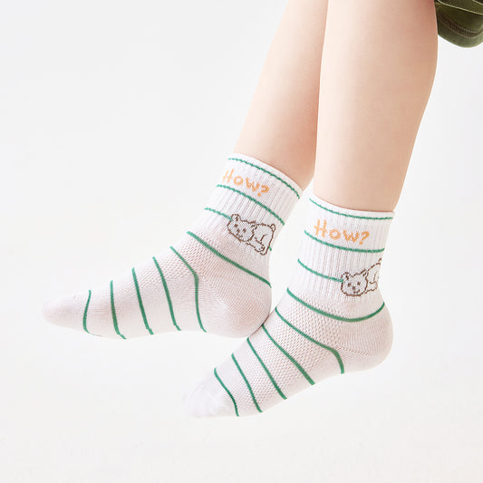 (ZJD-2503) 5 Pairs of Kids’ Breathable Mesh Socks – Fun Cartoon Bear & Letter Design