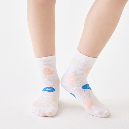 (ZJD-2505) 5 Pairs of Kids' Pastel Smile Mesh Socks – Lightweight & Breathable Cotton