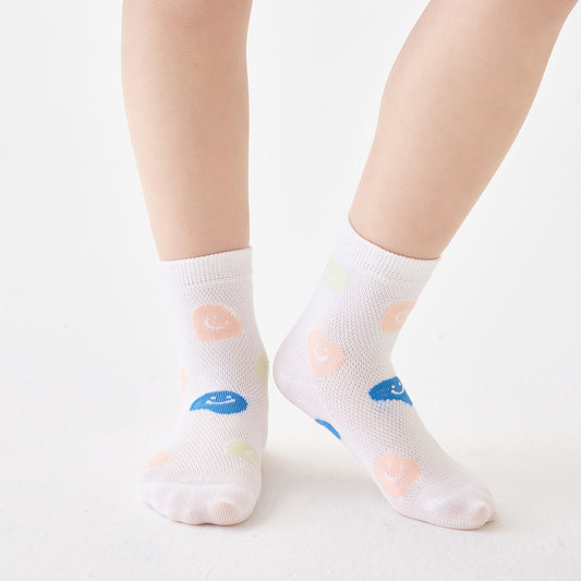 (ZJD-2505) 5 Pairs of Kids' Pastel Smile Mesh Socks – Lightweight & Breathable Cotton