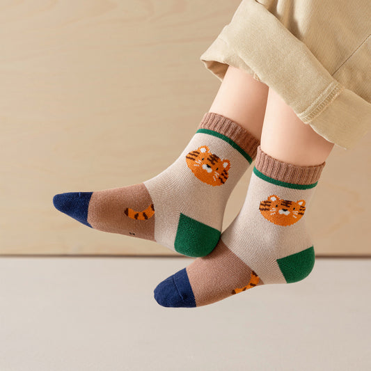 (QM-4) 5 Pairs Cotton Socks – Tiger Themed & Colorblock Designs