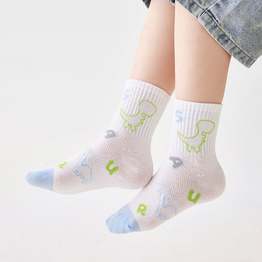 (ZJD-2507) 5 Pairs of Kids Mesh Socks – Dinosaur & Cool Tones