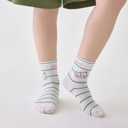(ZJD-2503) 5 Pairs of Kids’ Breathable Mesh Socks – Fun Cartoon Bear & Letter Design