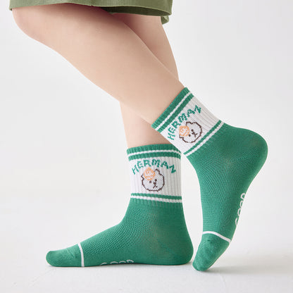 (ZJD-2503) 5 Pairs of Kids’ Breathable Mesh Socks – Fun Cartoon Bear & Letter Design
